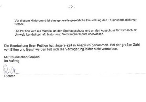 Schreiben des Landtags Nordrhein-Westfalen, Petition Tauchen Schreiben des Landtags Nordrhein-Westfalen, Petition Tauchen