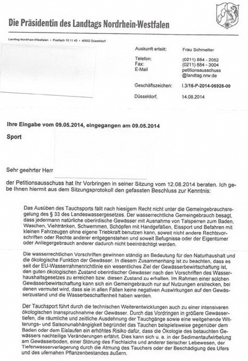 Schreiben des Landtags Nordrhein-Westfalen, Petition Tauchen